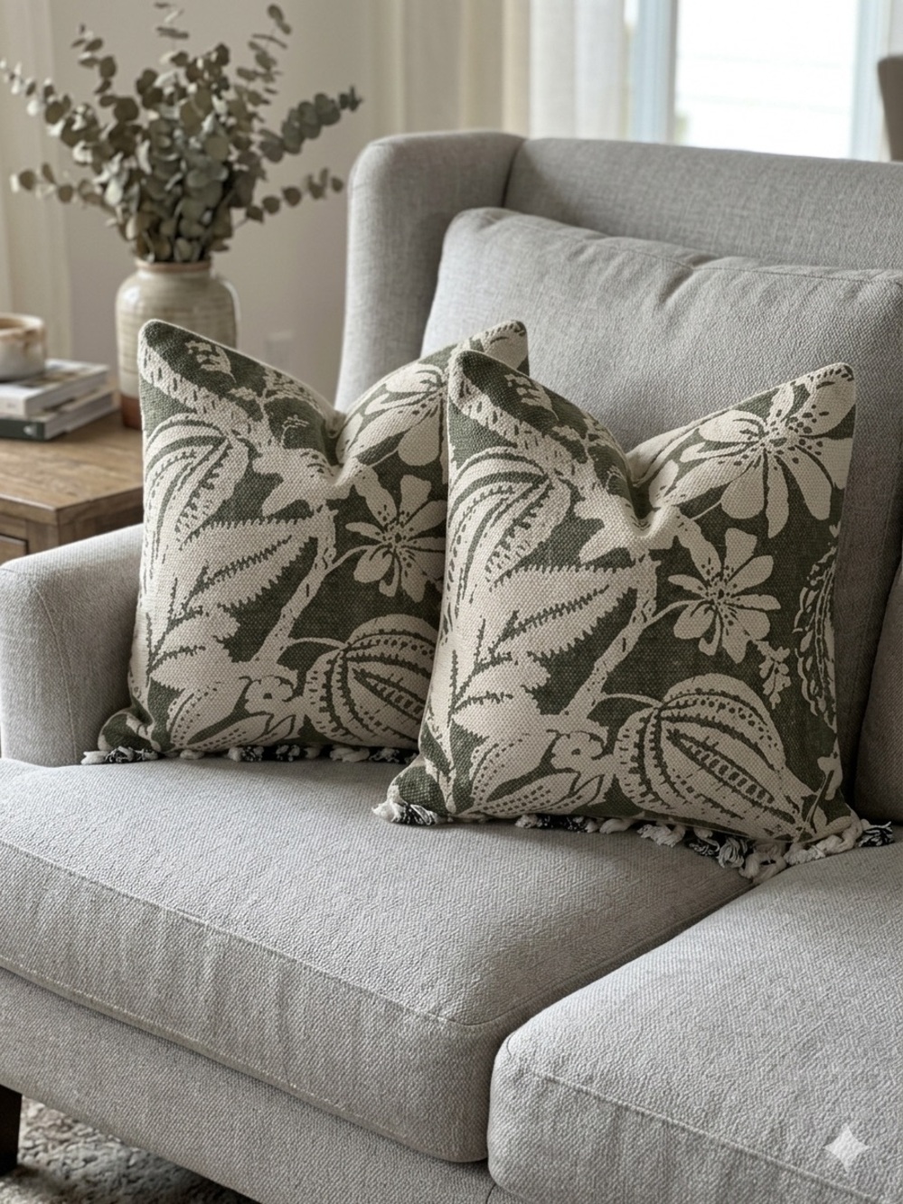 Southern Living Ivory and Olive Botanical Throw Pillow Covers - Set of 2